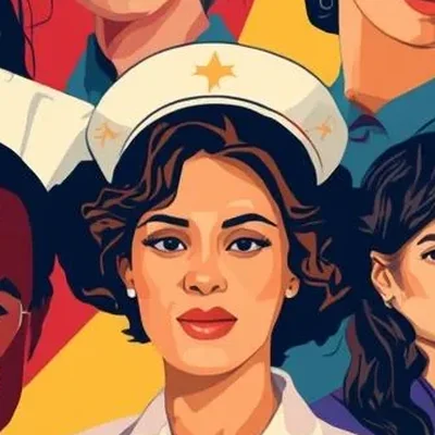 Detail from the Pinoy lawyers artwork: a Filipina nurse in a starred cap